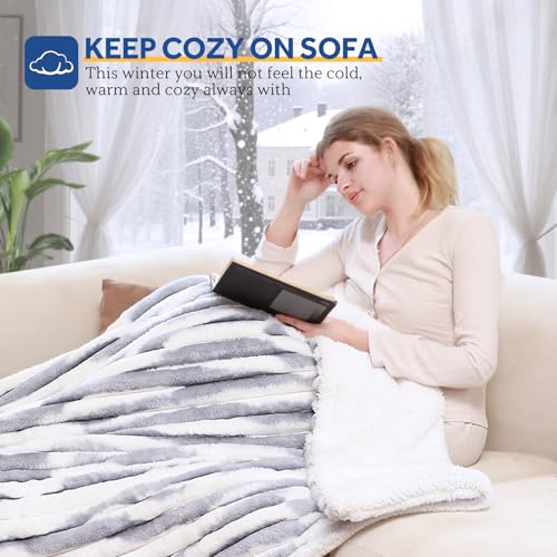 Electric Blanket Throw 50x60, Faux Fur to Sherpa, Blue White - 6 Heating Levels, Auto Off, Machine Washable