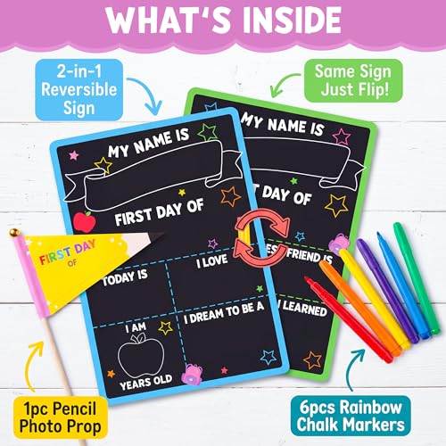 Double-Sided First & Last Day of School Sign with Markers & Pencil Flag