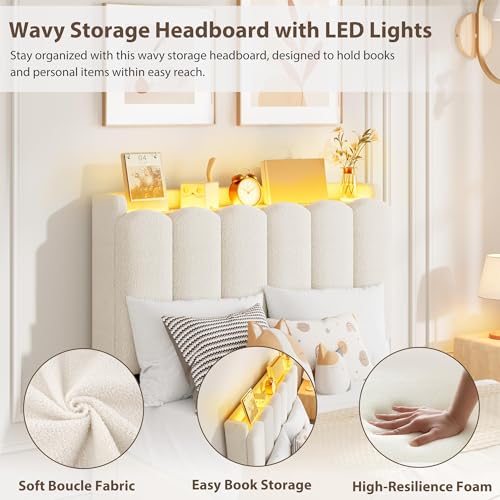 Twin Size Platform Bed Frame with Storage Drawers, LED Headboard & Boucle