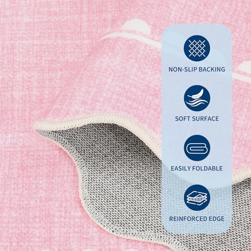 5x7 Scalloped Bow Area Rug, Washable Non-Slip Soft Pink Bedroom Carpet