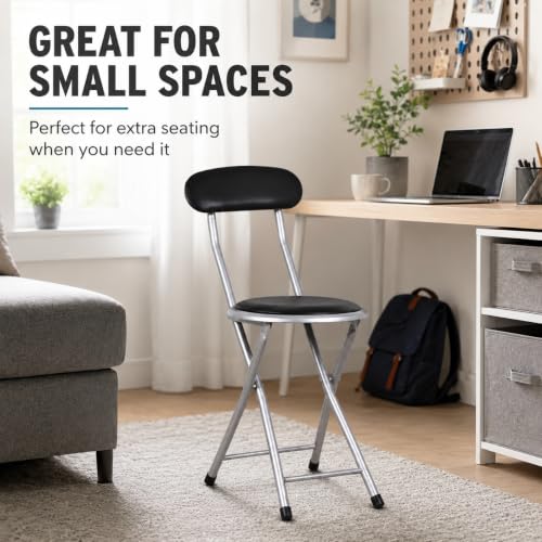 Padded Folding Stool with Backrest, Space-Saving Metal Chair for Home