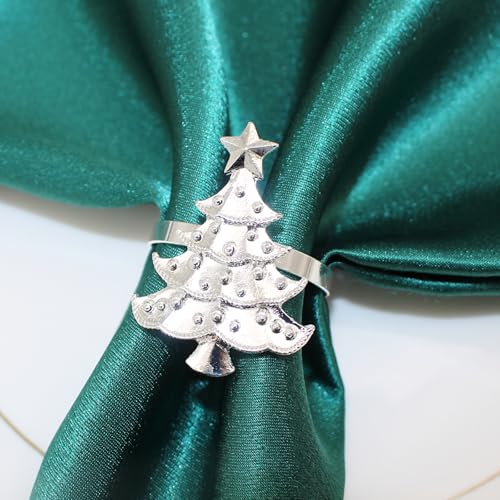 Hayooha Christmas Tree Silver Napkin Rings Set of 6 - Holiday Table Decor