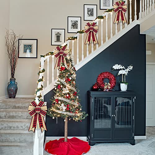 Threetols 2PCS Beige Red Buffalo Plaid Christmas Wreath Bows for Front Door & Holiday Decor