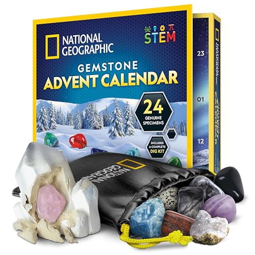 NATIONAL GEOGRAPHIC Gemstone Advent Calendar - 2025 Christmas Countdown Calendar for Kids with 24 Gems to Open Each Day, Complete Rock Collection with Mini Gemstone Dig Kit