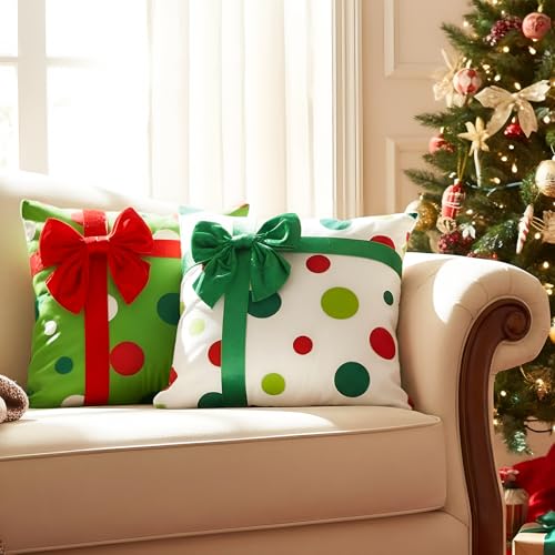 Breling 4 Pack Christmas Pillow Covers 20x20 Inch Red Green Stripe Dot Gift Box Design with 3D Bows