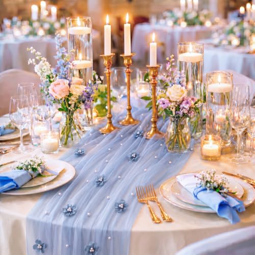 CrystalSylara Blue Pearl Tulle Table Runner 29x120'' Set of 6 Wedding Decor