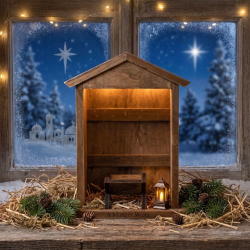 Wesiti Lighted Wooden Nativity Manger with Roof Star - Christmas Scene Decor
