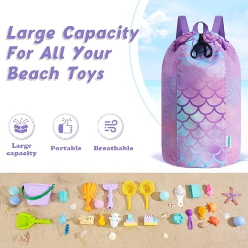 Mermaid Mesh Beach Bag for Kids, Large Drawstring Backpack for Toys & Shells