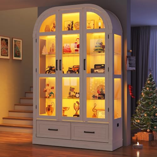 74-Inch Arched Glass Display Cabinet with Motion Sensor Tri-Color Lighting