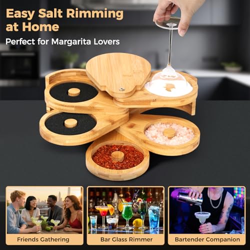Bamboo Margarita Salt Rimmer Set with Rotating Tray & Sponges – Cocktail & Party Condiment Organizer