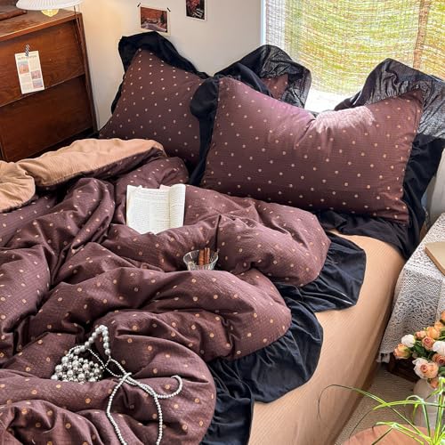 Brown Polka Dot Ruffle Duvet Cover King | Soft Double Gauze Bedding Set