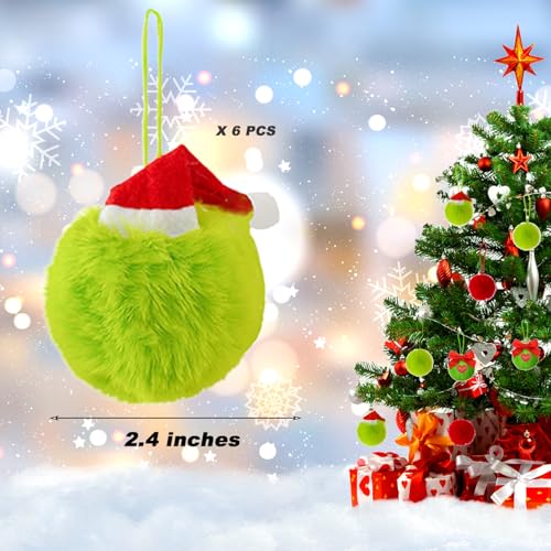 Lime Green Furry Christmas Balls Ornaments with Santa Hat - 6 Pack (Chewarelly) Lime Green Santa Hat – 6