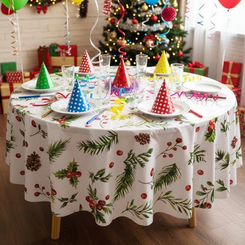 Oudain 6 Pack Christmas Round Tablecloth 84 Inch Holly Berry Cover for Holiday Dining
