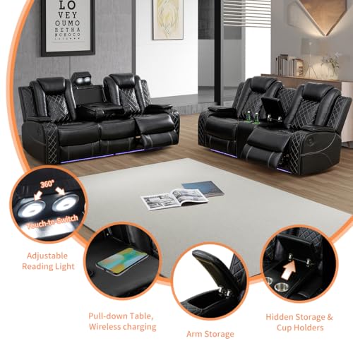 3-Piece Power Reclining Sofa Set with Storage Console and LED Lighting