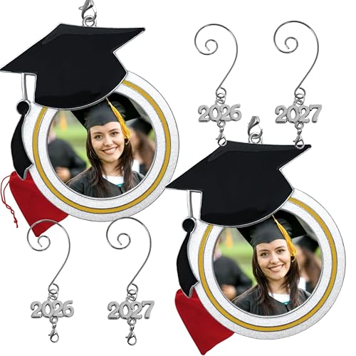 BANBERRY DESIGNS 2-Pack Graduation Photo Ornaments with Dated Charms, 3-Inch Personalized Keepsakes for 2026 & 2027 Graduation Gifts