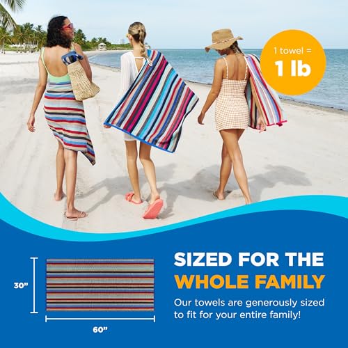 Oversized Multi-Color Striped Beach Towels - 30" x 60" Cotton - 6 Pack