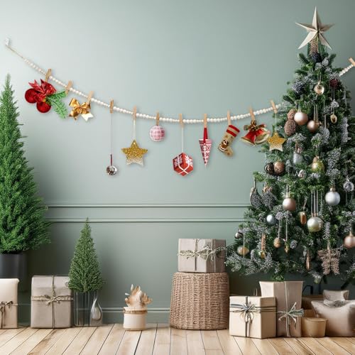 Boho Hanging Photo Display with Wood Beads and 30 Clips, 67-Inch Garland