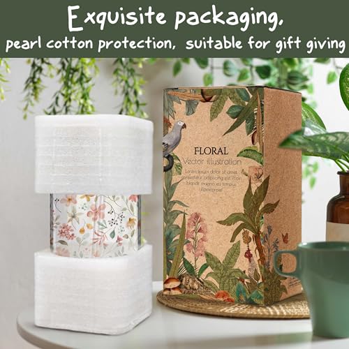 Enanaimg 16oz Floral Glass Coffee Cup with Bamboo Lid & Straw - Gift for Women