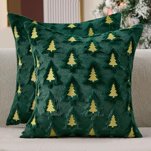 Christmas Pillow Covers 18x18 Set of 2 Green Double Xmas Tree Pillow Covers Soft Plush Faux Fur Christmas Decorations for Xmas Winter Holiday Home Bedroom Sofa Cushion Cases PT-008A18