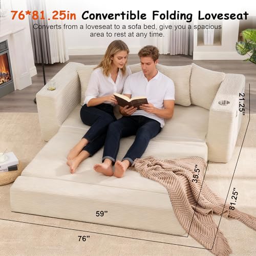 76" Corduroy Convertible Sofa Bed with Storage and Cup Holders