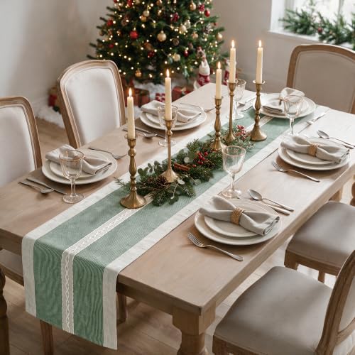 Artoid Mode 13" x 108" Green Braided Rustic Chenille Table Runner – Christmas Embroidered Home Kitchen Decor