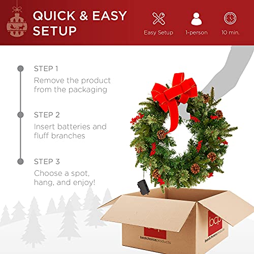 30-Inch Pre-Lit Artificial Christmas Wreath with 100 Lights and Pine Cones