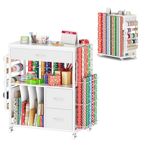 Rolling Gift Wrapping Paper Storage Cart with Ribbon Holder and Drawers