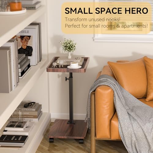 Adjustable C-Shaped End Table - Rolling 360° Swivel TV Tray, Walnut