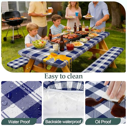 Waterproof Fitted Picnic Table Cover with Bench Covers - 6ft Blue Checkered