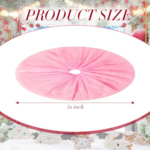 Skylety 36" Pink Christmas Tree Skirt with Ruffle Tulle & Glitter, Double Layer