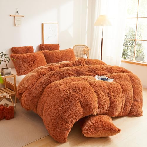 Fluffy Faux Fur Duvet Cover King Size - Burnt Orange Plush Bedding