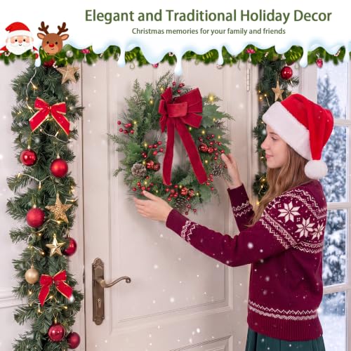 24 Inch Red LED Christmas Wreath Front Door, 50 Lights, Battery Powered