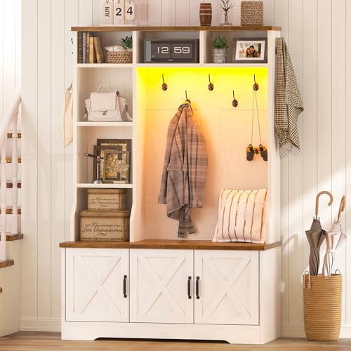 Farmhouse Hall Tree with LED Lights, Entryway Bench with Coat Hooks & Storage