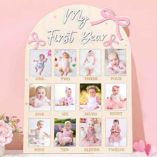 Pink Bow Baby First Year Photo Board - 12 Monthly Milestone Wooden Frame