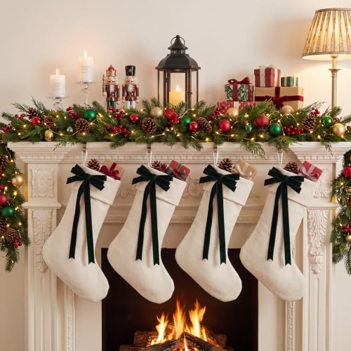 4 Pcs Linen 18in Christmas Stockings with Velvet Green Bow – Farmhouse Holiday Set