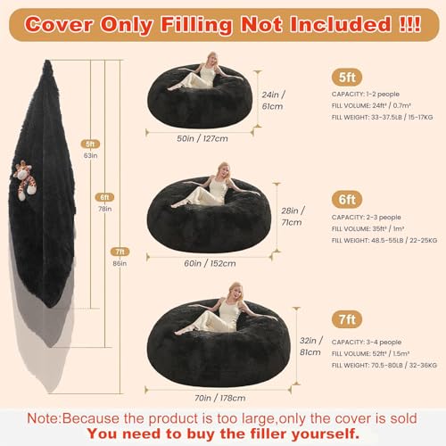 5ft Faux Fur Bean Bag Chair Cover, Washable Fluffy Beanbag Seat, Black