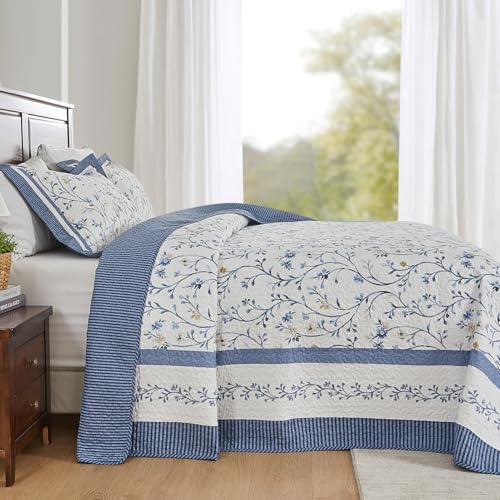 102"x120" Oversized Cotton Queen Quilt Set with 2 Shams - Reversible Floral & Stripe Design