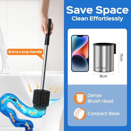 Compact Toilet Bowl Brush and Holder Set, Rustproof Stainless Steel Base, Silver