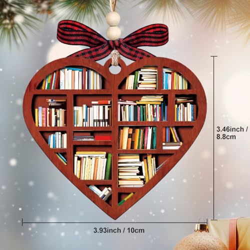 Heart Bookshelf Christmas Ornament, Wooden Book Lover Gift for Readers