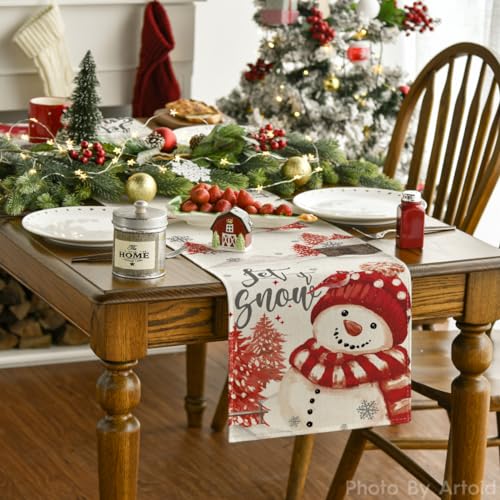 Artoid Mode Red Snowman Xmas Table Runner 13 x 108 Inch – Holiday Decor