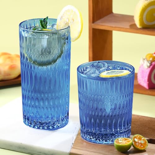 Loivttvv Blue Vintage Glassware Set of 8 Highball & Ribbed Cups, 14oz & 10oz