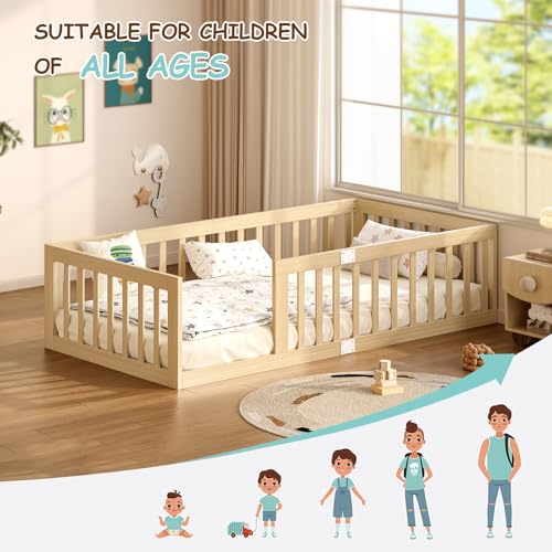 Twin Montessori Floor Bed Frame with Guardrails and Door Latch, Natural Wood
