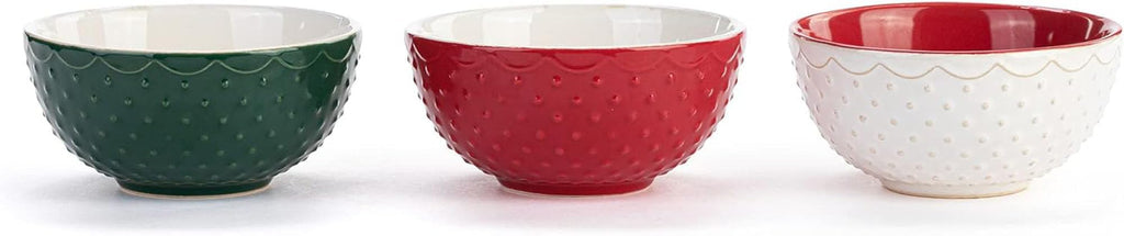 DEMDACO Full Of Cheer Red, Green, and White 7 Ounce Ceramic Christmas Baking Bowls Set of 3
