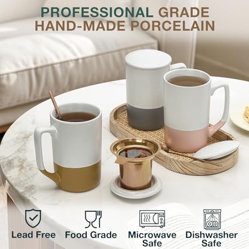 Gencywe Amber Large Tea Mug with Infuser, Lid & Spoon - 16oz Ceramic