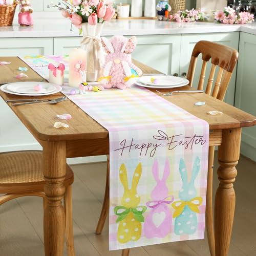 Frienda 72 Inch Plaid Bunny Easter Table Runner Pastel Checkered Gingham Farmhouse Decor