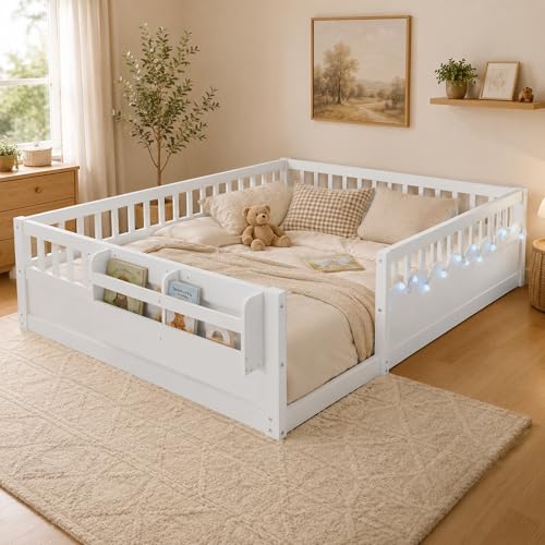 Full Size Montessori Floor Bed with High Rails, LED Lights & Storage Shelf