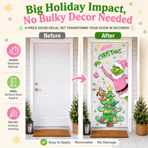 Pycat Pink Variation Christmas Window Decals Set with Green Santa & Tree - Easy Peel