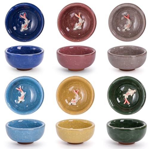 Foraineam Ceramic Sake & Tea Cups Set - 12pcs, 1oz with Koi Fish Design