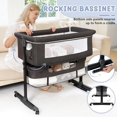 3-in-1 Baby Bedside Sleeper Bassinet with Wheels & Rocking Mode - Gray