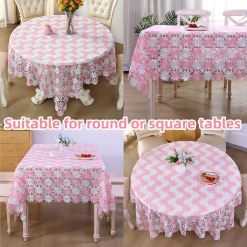 Pink Crochet Tablecloth 60x60 inches Farmhouse Floral Lace Cover for Round or Square Table - Pink-White